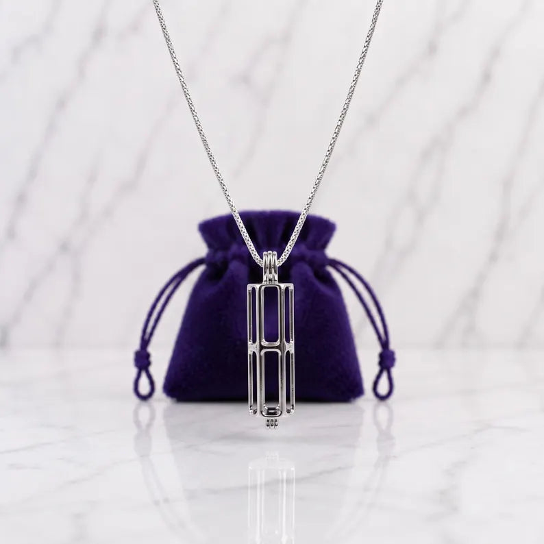 Sterling Silver Gemstone Cage Pendant • Cylinder Design • Fits 4 pcs 6mm Gems • Interchangeable Necklace • White Gold Plated