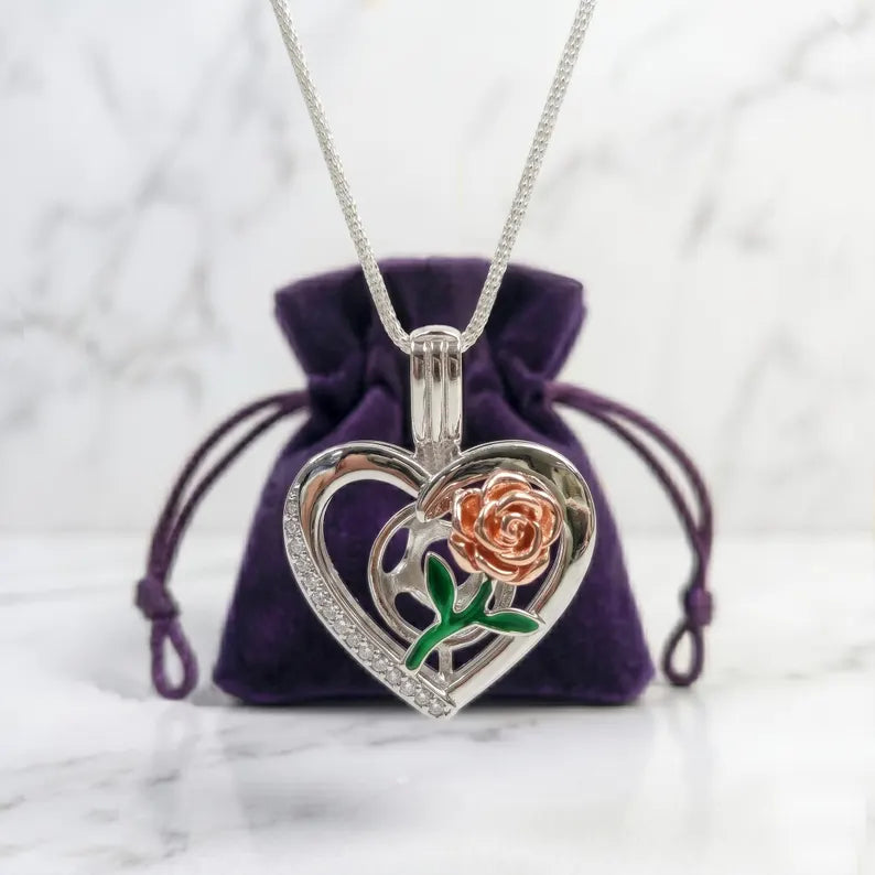 Romantic Cage Pendant Gift • Rose Gold Bloom on Green Stem in 925 CZ Heart • Sterling Silver White Gold Plated • Fits 6mm Gem • Gem Options