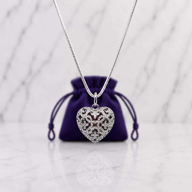 Elegant Heart Filigree Sterling Silver Locket Pendant Necklace • Hidden Surprise Inner Dangling Rose Gold Heart