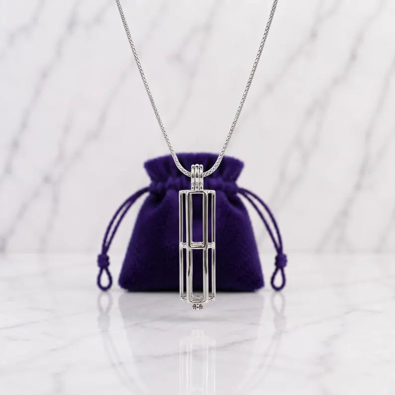 Sterling Silver Gemstone Cage Pendant • Large Cylinder • Fits 8mm (or 5 pcs 6mm) Gems • Interchangeable Necklace • White Gold Plated
