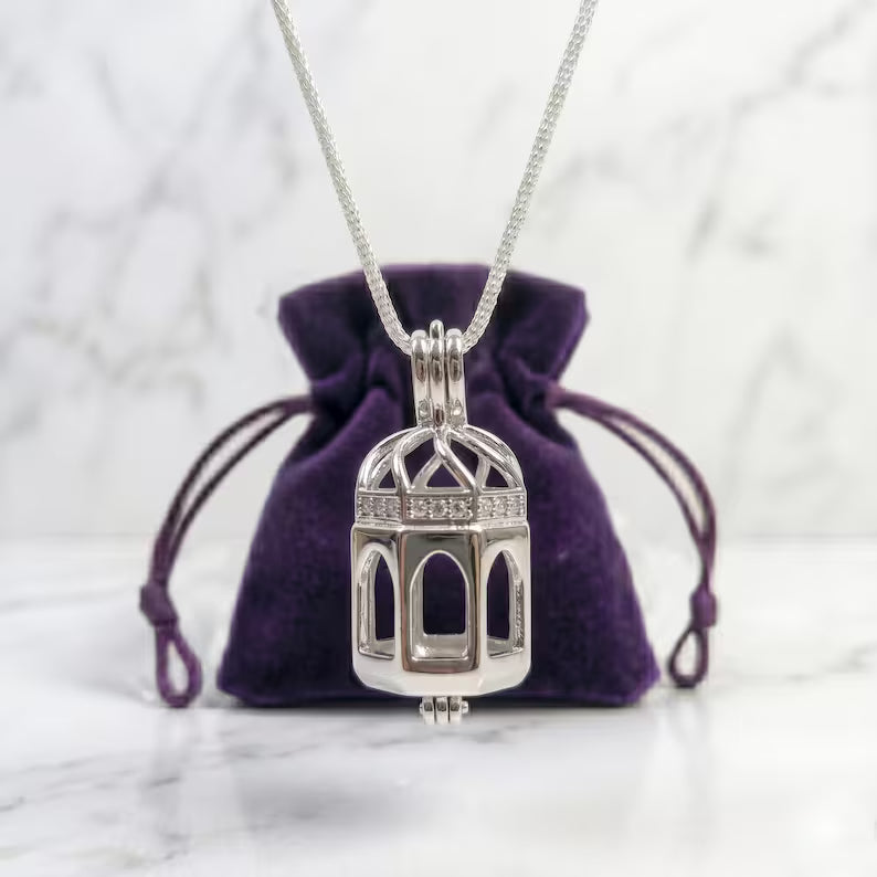 Sterling Silver Gemstone Cage Pendant • Rotunda Design • Fits 8mm Gem (or 2 pcs 6mm) • White Gold Plated