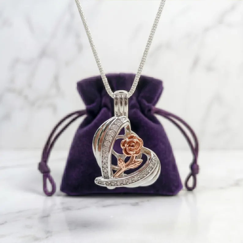 Romantic Cage Pendant Gift • Rose Gold Flower Bloom in 925 CZ Heart • Sterling Silver (White Gold Plated) • Fits 6mm Gem • With Gem Options
