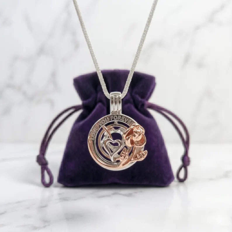 Romantic Cage Pendant Gift • 'I Love You Forever' Rose Gold Flower with Silver Heart • Fits 6mm Gem • Sterling Silver (White Gold Plated)