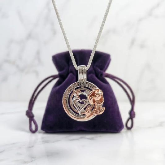 Romantic Cage Pendant Gift • 'I Love You Forever' Rose Gold Flower with Silver Heart • Fits 6mm Gem • Sterling Silver (White Gold Plated)