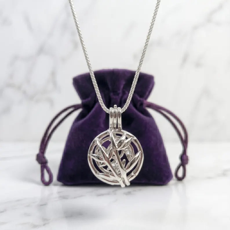 Sterling Silver Gemstone Cage Pendant • Blossoming Plant • Interchangeable Necklace • Fits 8mm Gem • White Gold Plated