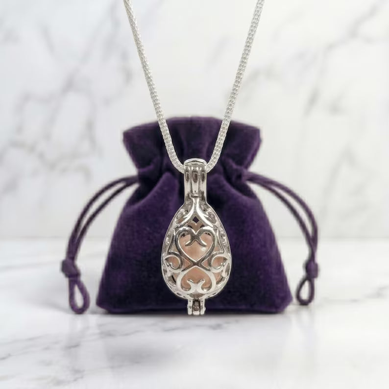 Sterling Silver Cage Pendant with Gemstone Options • Oval Egg Design • White Gold Plated • Peach Morganite • Green Fluorite • Gold Pyrite