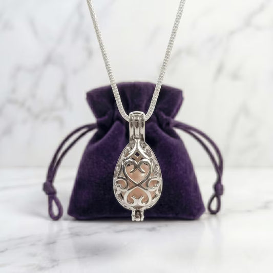Sterling Silver Cage Pendant with Gemstone Options • Oval Egg Design • White Gold Plated • Peach Morganite • Green Fluorite • Gold Pyrite