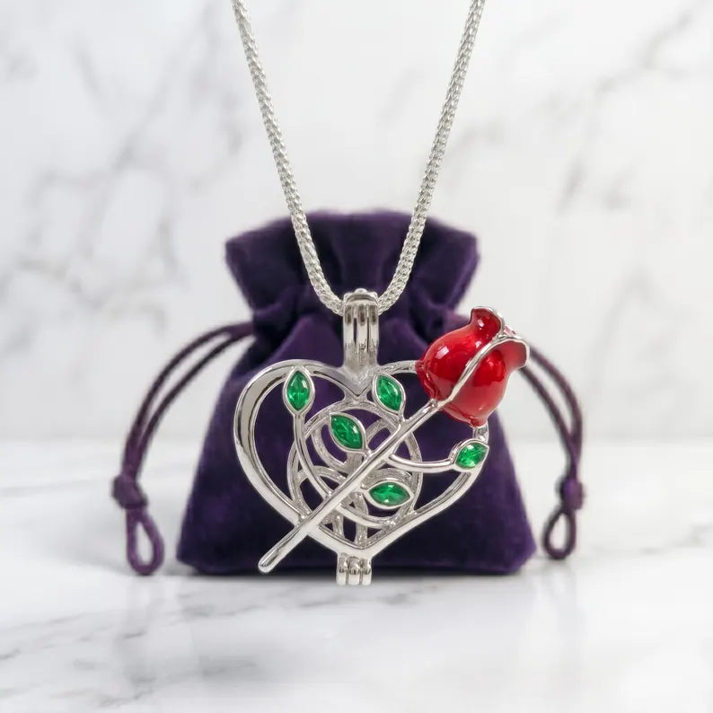 Romantic Cage Pendant Gift • Red Rose + Green Leaves Sterling Silver (White Gold Plated) • Fits 6mm Gem • with Gemstone Options