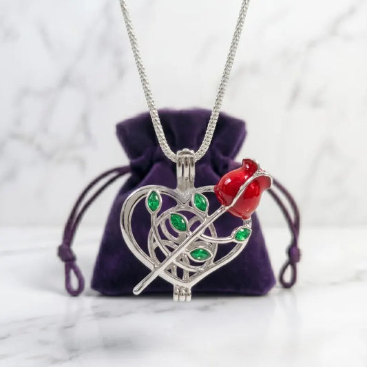 Romantic Cage Pendant Gift • Red Rose + Green Leaves Sterling Silver (White Gold Plated) • Fits 6mm Gem • with Gemstone Options