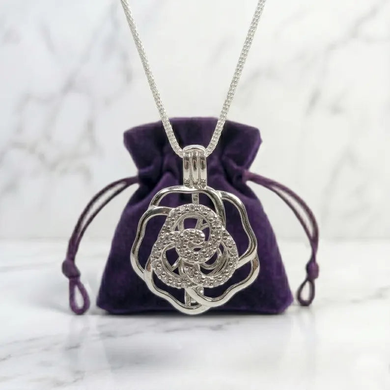 Sterling Silver Gemstone Cage Pendant • Flower CZ Swirl • Interchangeable Necklace • Fits 5mm Gem (3 pcs) • White Gold Plated
