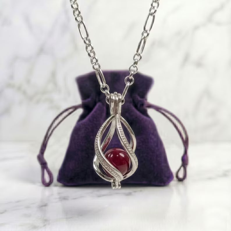 Sterling Silver Cage Pendant with Gemstone Options • Large Twist Design • White Gold Plated • Red Agate • Rainbow Obsidian • Bloodstone