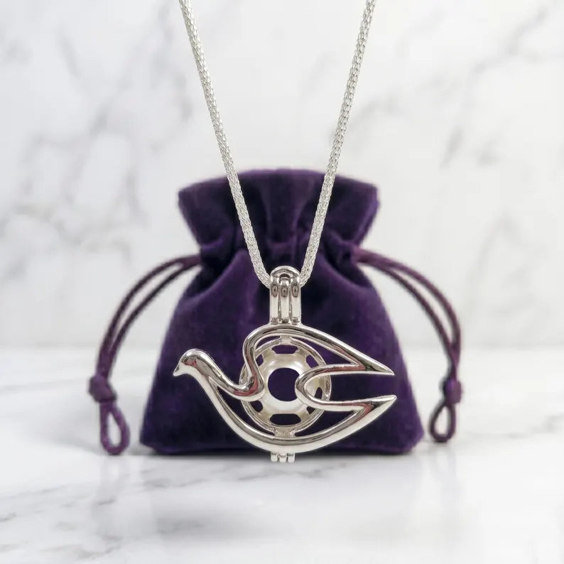 Sterling Silver Gemstone Cage Pendant • Peace Dove • Fits 8mm Gem • White Gold Plated
