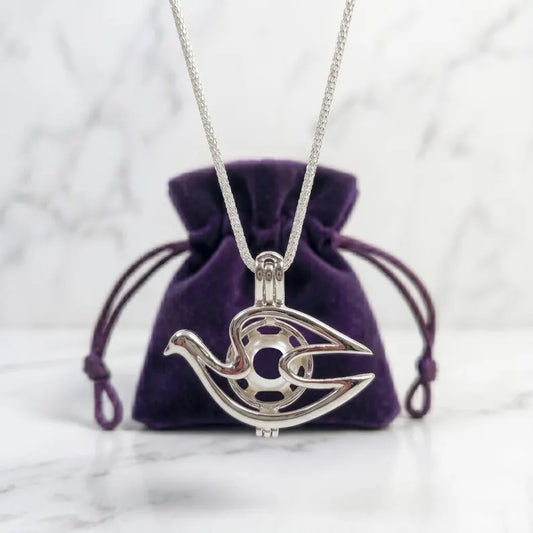 Sterling Silver Gemstone Cage Pendant • Peace Dove • Fits 8mm Gem • White Gold Plated