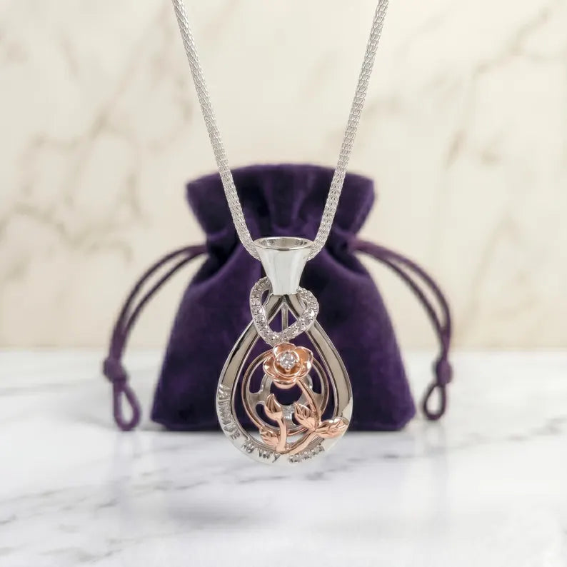 Romantic Cage Pendant Gift • 'Always in my Heart' Rose Gold CZ Blooms in Vase • Sterling Silver (White Gold Plated) • With Gemstone Options