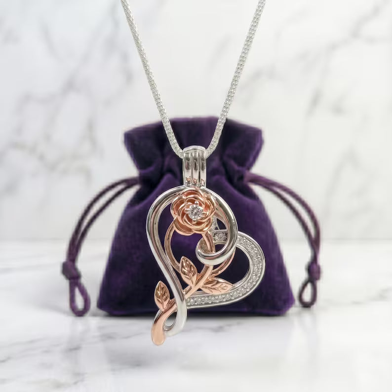 Romantic Cage Pendant Gift • Rose Gold CZ Flower in Sterling Silver CZ Heart • Sterling Silver White Gold Plated • Fits 6mm Gem • Gem Option