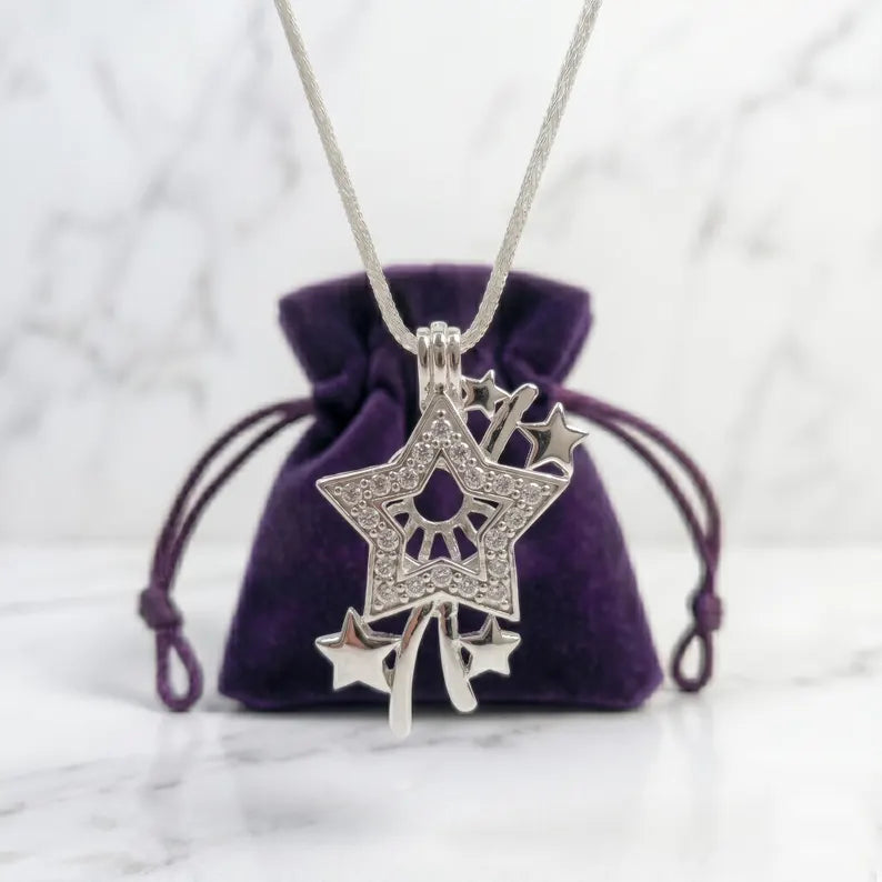 Sterling Silver Gemstone Cage Pendant • Shooting Star • Fits 8mm Gem • White Gold Plated