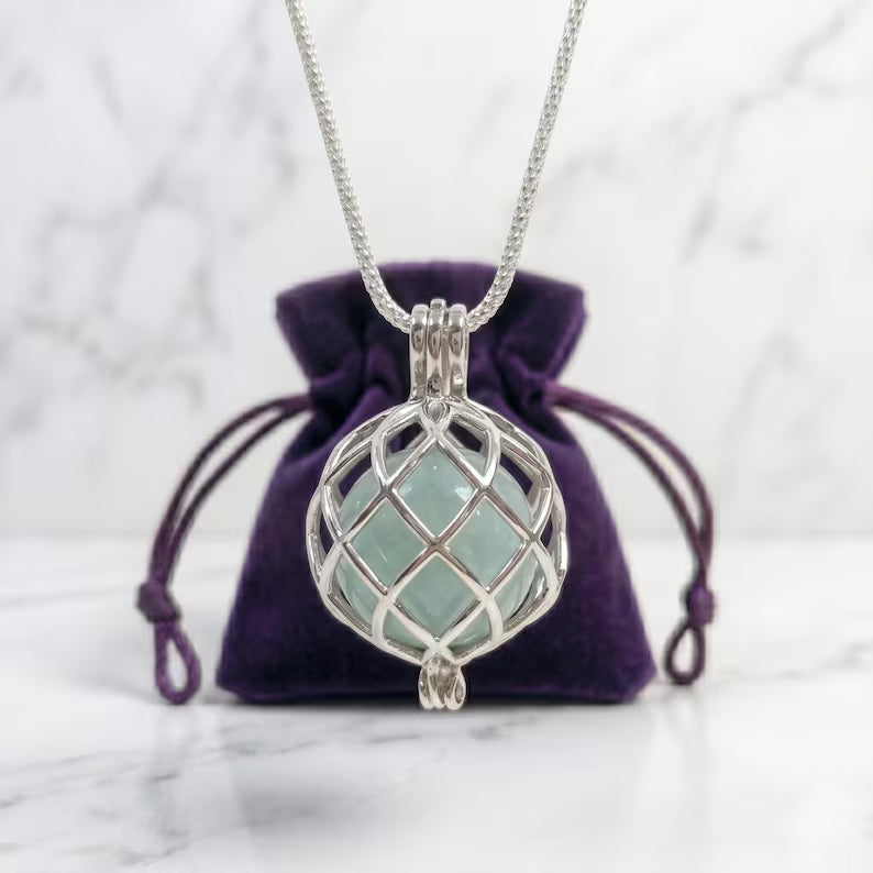 Sterling Silver Cage Pendant with Gemstone Options • Round Classic • White Gold Plated • Jade • Jasper • Peach Moonstone • Blue Lace Agate