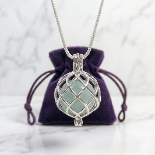 Sterling Silver Cage Pendant with Gemstone Options • Round Classic • White Gold Plated • Jade • Jasper • Peach Moonstone • Blue Lace Agate