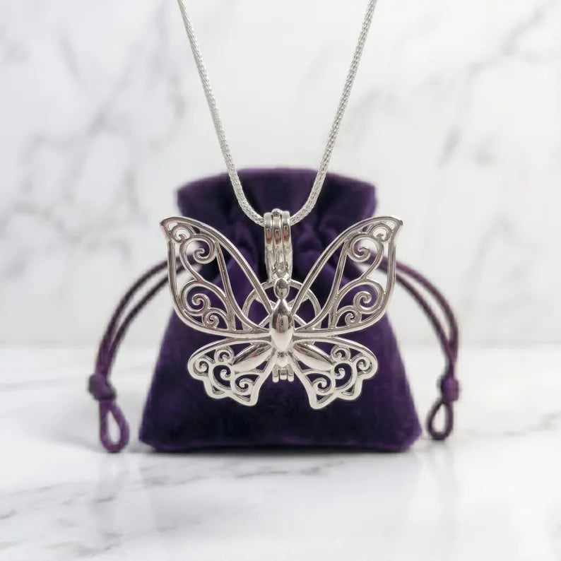 Sterling Silver Gemstone Cage Pendant • Butterfly Design • Fits 8mm Gem • Interchangeable Necklace • White Gold Plated