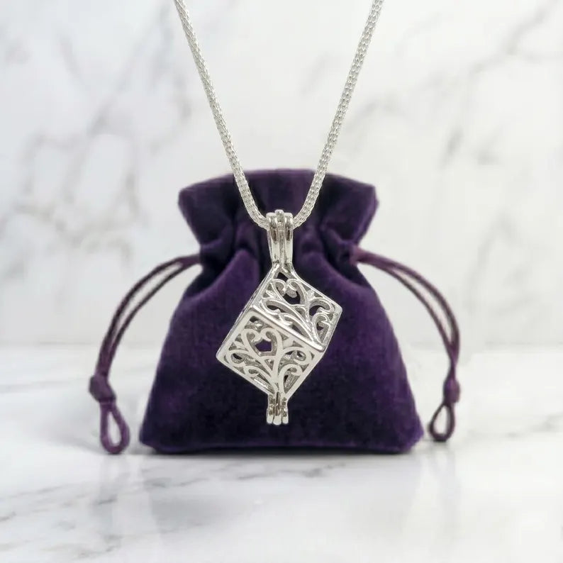 Sterling Silver Gemstone Cage Pendant • Lovely Blossom Cube • Interchangeable Necklace • Fits 8mm Gem (or 4pcs 5mm) • White Gold Plated