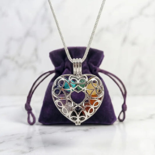 Sterling Silver Cage Pendant with Gemstone Options • Lovely Heart Design • White Gold Plated • 9 Chakra • Angelite • Dumortierite