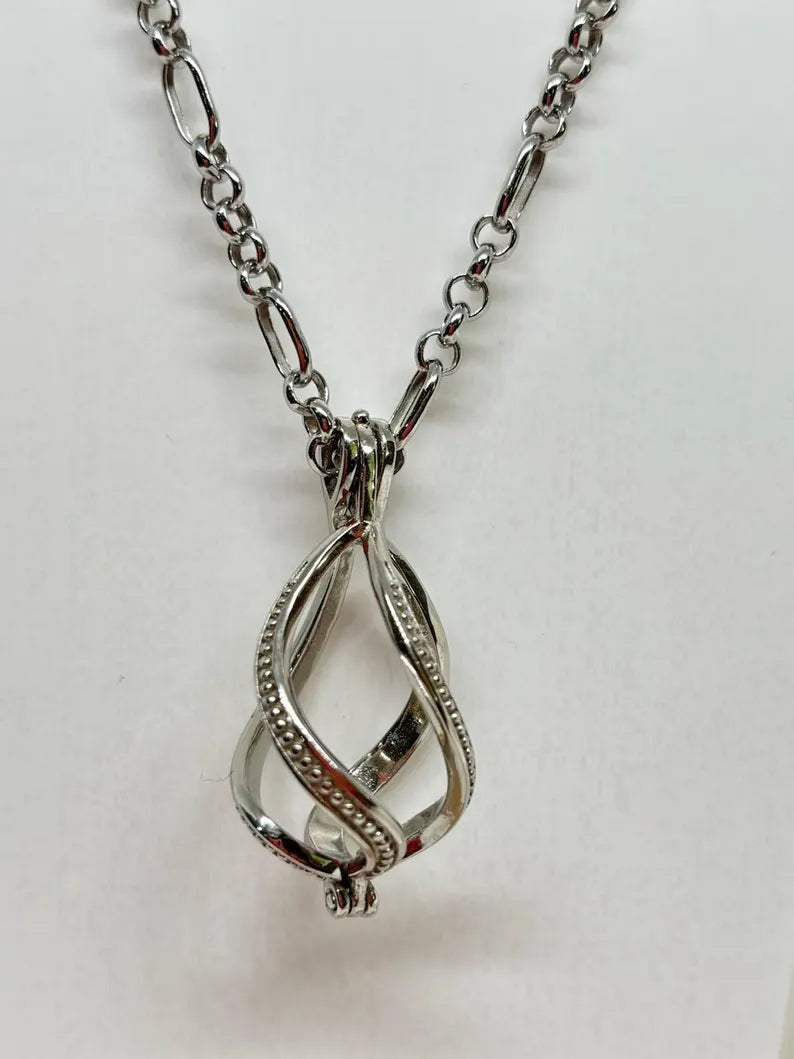Sterling Silver Gemstone Cage Pendant • Large Twist Design • Interchangeable Necklace • Fits 14mm Gem • White Gold Plated
