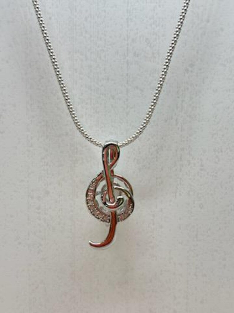 Sterling Silver Gemstone Cage Pendant • Musical Note B2 • Fits 8mm Gem • White Gold Plated