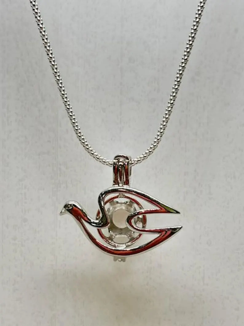Sterling Silver Gemstone Cage Pendant • Peace Dove • Fits 8mm Gem • White Gold Plated