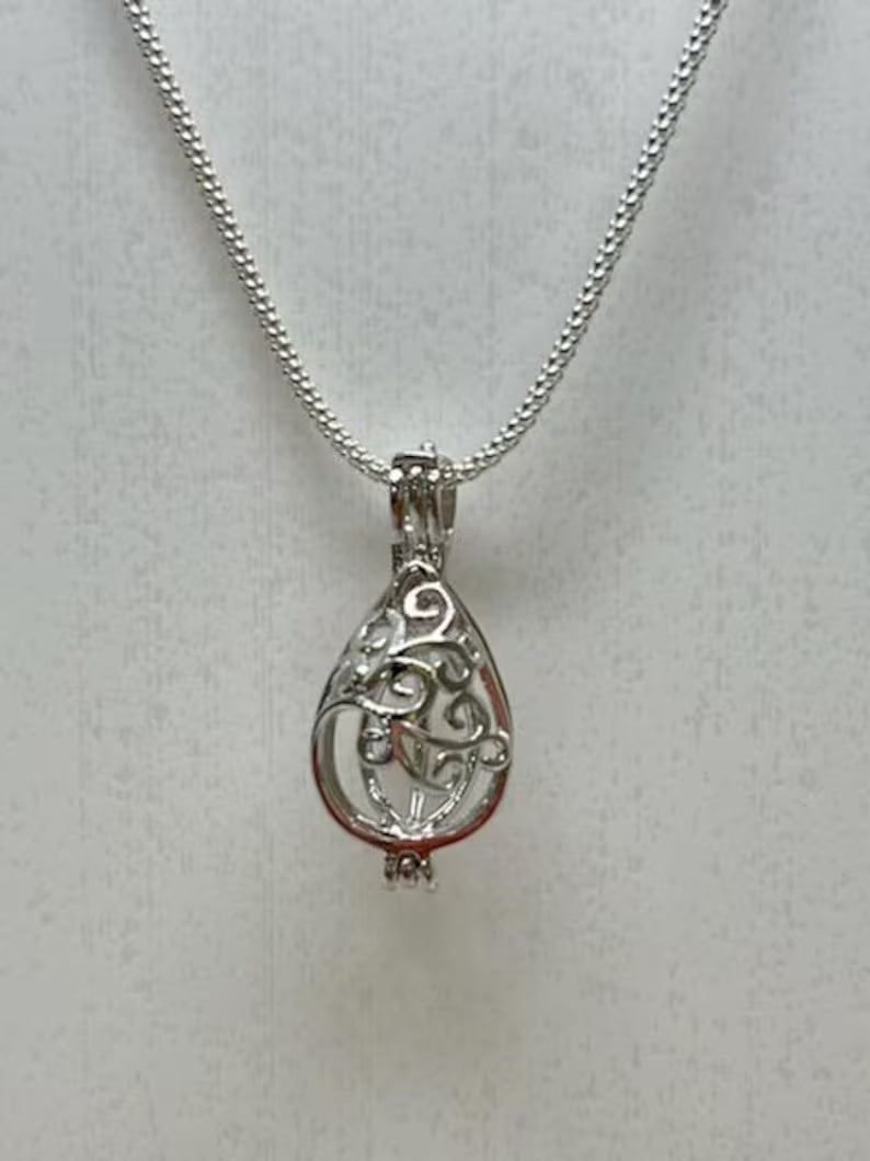 Sterling Silver Gemstone Cage Pendant • Flowing Waterdrop • Fits 8mm Gem • White Gold Plated