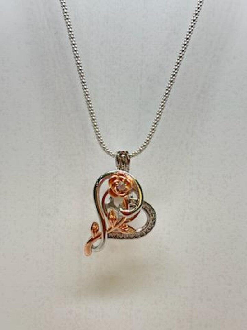 Romantic Cage Pendant Gift • Rose Gold CZ Flower in Sterling Silver CZ Heart • Sterling Silver White Gold Plated • Fits 6mm Gem • Gem Option