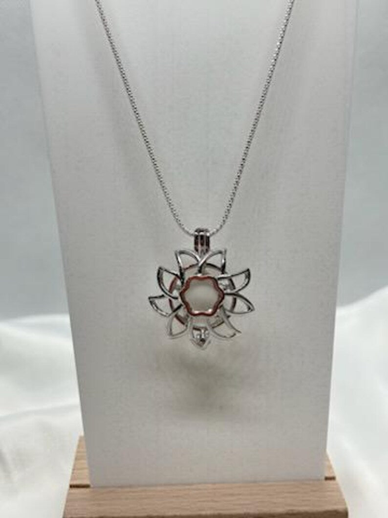 Sterling Silver Gemstone Cage Pendant • Large Sunflower Design • Fits 14mm Gem • White Gold Plated