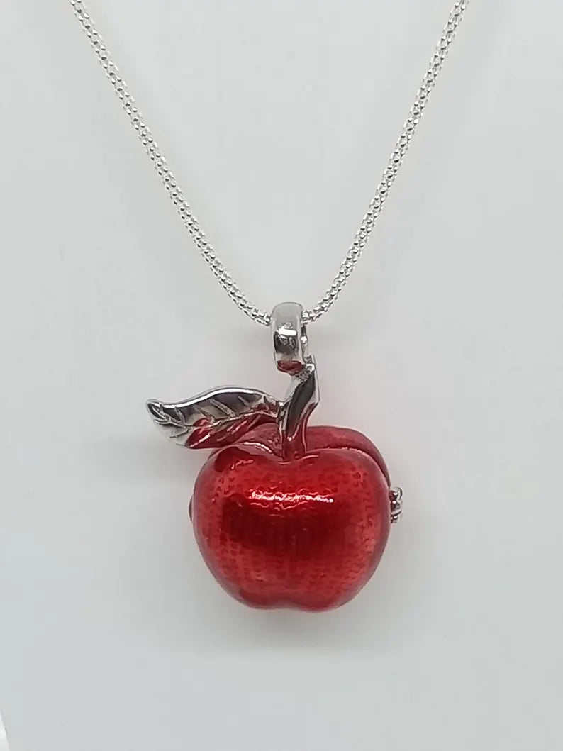 Red Apple Sterling Silver Locket Cage Pendant Necklace • Fits 8mm Gem (4× 6mm, 6× 5mm)