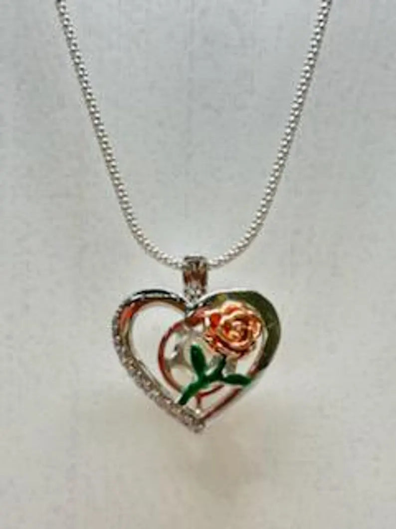 Romantic Cage Pendant Gift • Rose Gold Bloom on Green Stem in 925 CZ Heart • Sterling Silver White Gold Plated • Fits 6mm Gem • Gem Options
