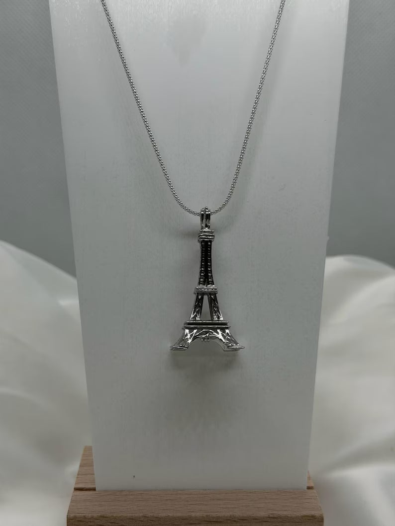 Sterling Silver Gemstone Cage Pendant • Eiffel Tower • 925 Crystal Holder • Birthstone Pendant • Fits 6mm (or 4 pcs 5mm) • White Gold Plated