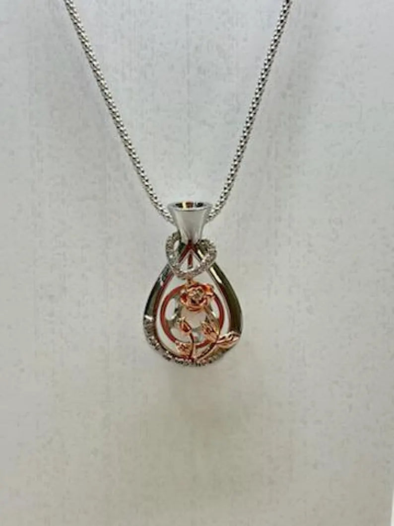 Romantic Cage Pendant Gift • 'Always in my Heart' Rose Gold CZ Blooms in Vase • Sterling Silver (White Gold Plated) • With Gemstone Options