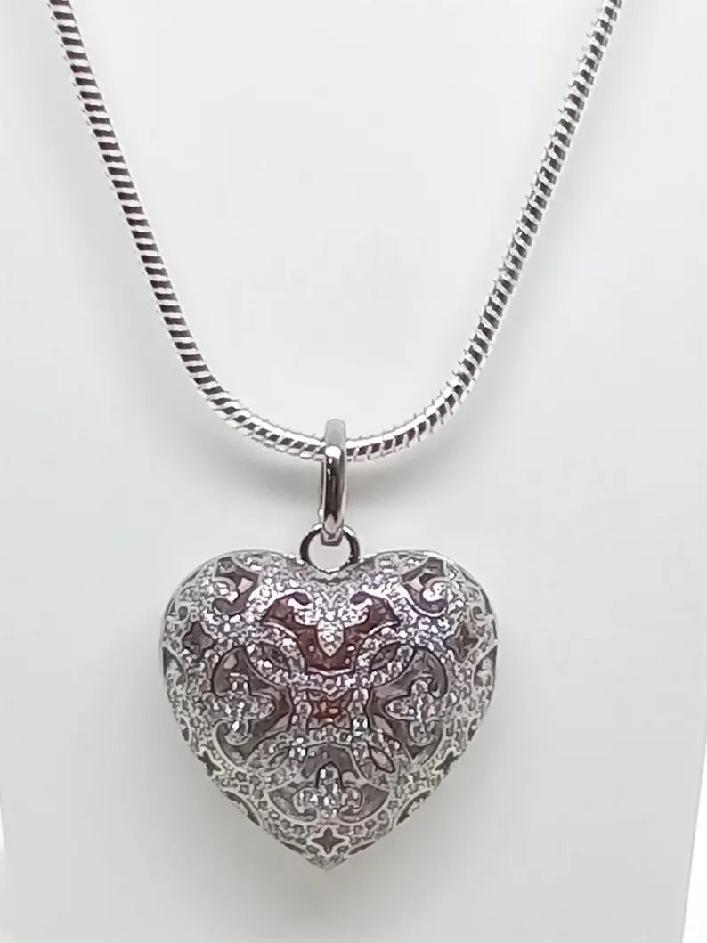 Elegant Heart Filigree Sterling Silver Locket Pendant Necklace • Hidden Surprise Inner Dangling Rose Gold Heart