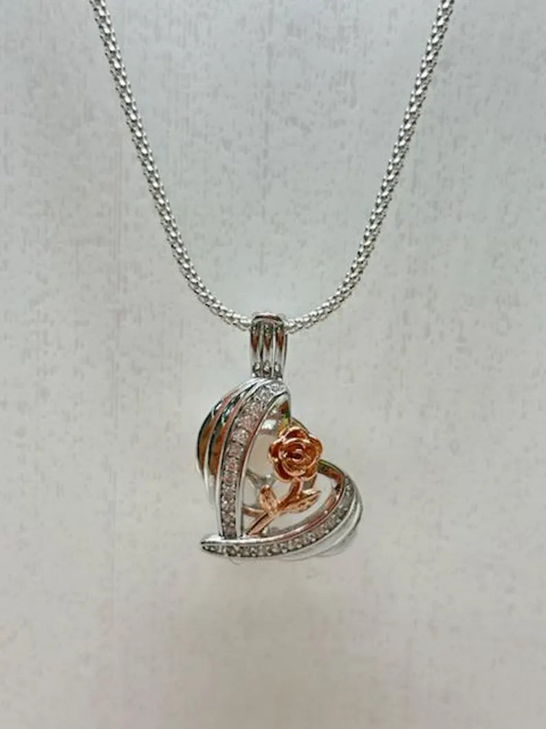 Romantic Cage Pendant Gift • Rose Gold Flower Bloom in 925 CZ Heart • Sterling Silver (White Gold Plated) • Fits 6mm Gem • With Gem Options