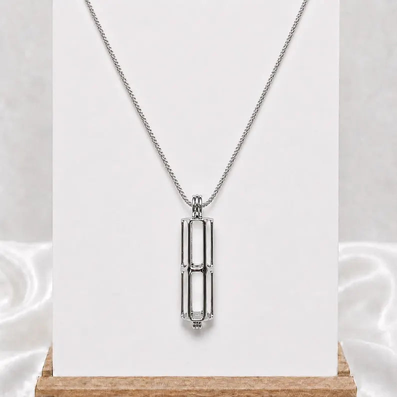 Sterling Silver Gemstone Cage Pendant • Cylinder Design • Fits 4 pcs 6mm Gems • Interchangeable Necklace • White Gold Plated