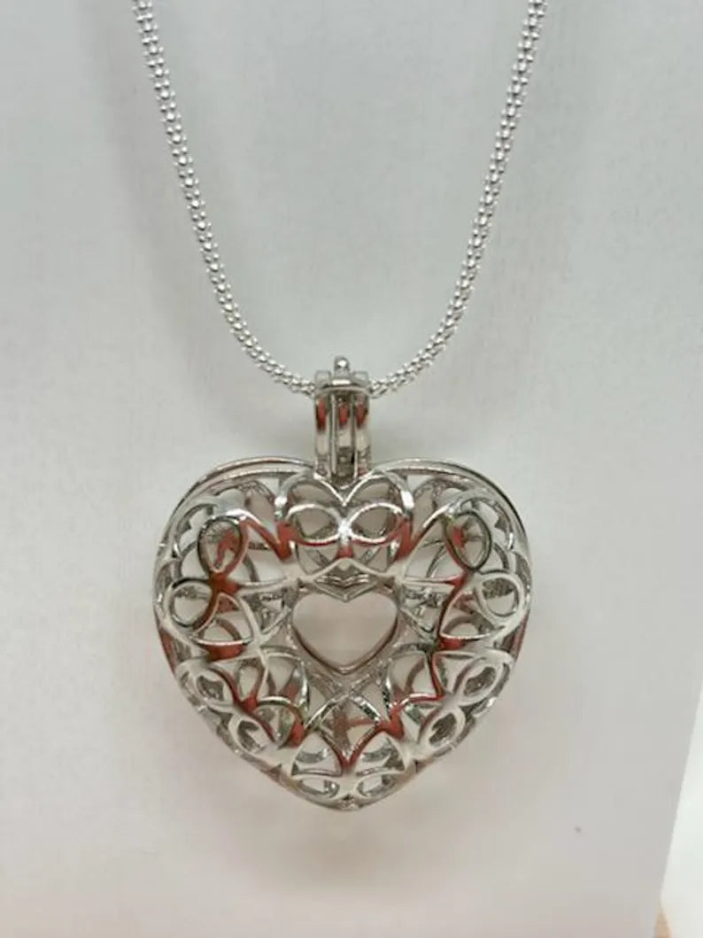 Sterling Silver Gemstone Cage Pendant • Lovely Heart Design • Fits 8 or 9 Gems 6mm • White Gold Plated