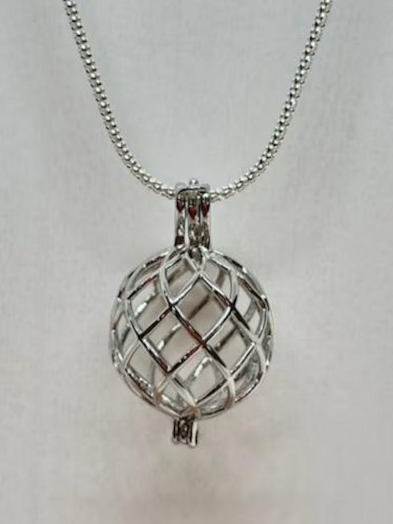 Sterling Silver Gemstone Cage Pendant • Round Classic • Fits 14mm Gem • White Gold Plated