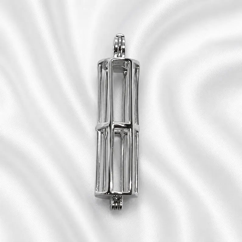 Sterling Silver Gemstone Cage Pendant • Large Cylinder • Fits 8mm (or 5 pcs 6mm) Gems • Interchangeable Necklace • White Gold Plated