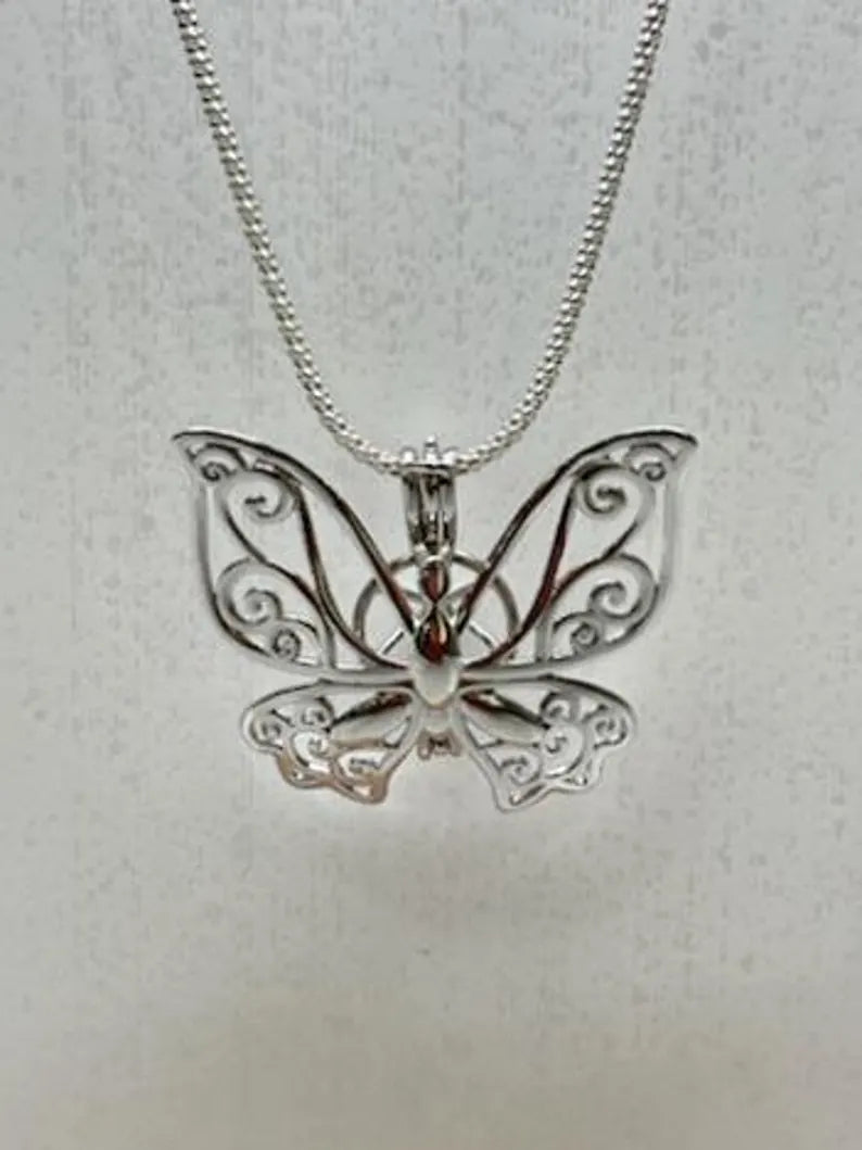 Sterling Silver Gemstone Cage Pendant • Butterfly Design • Fits 8mm Gem • Interchangeable Necklace • White Gold Plated