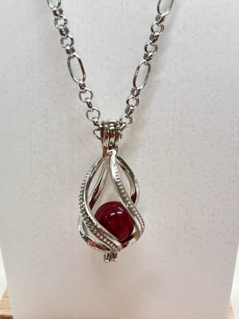 Sterling Silver Cage Pendant with Gemstone Options • Large Twist Design • White Gold Plated • Red Agate • Rainbow Obsidian • Bloodstone