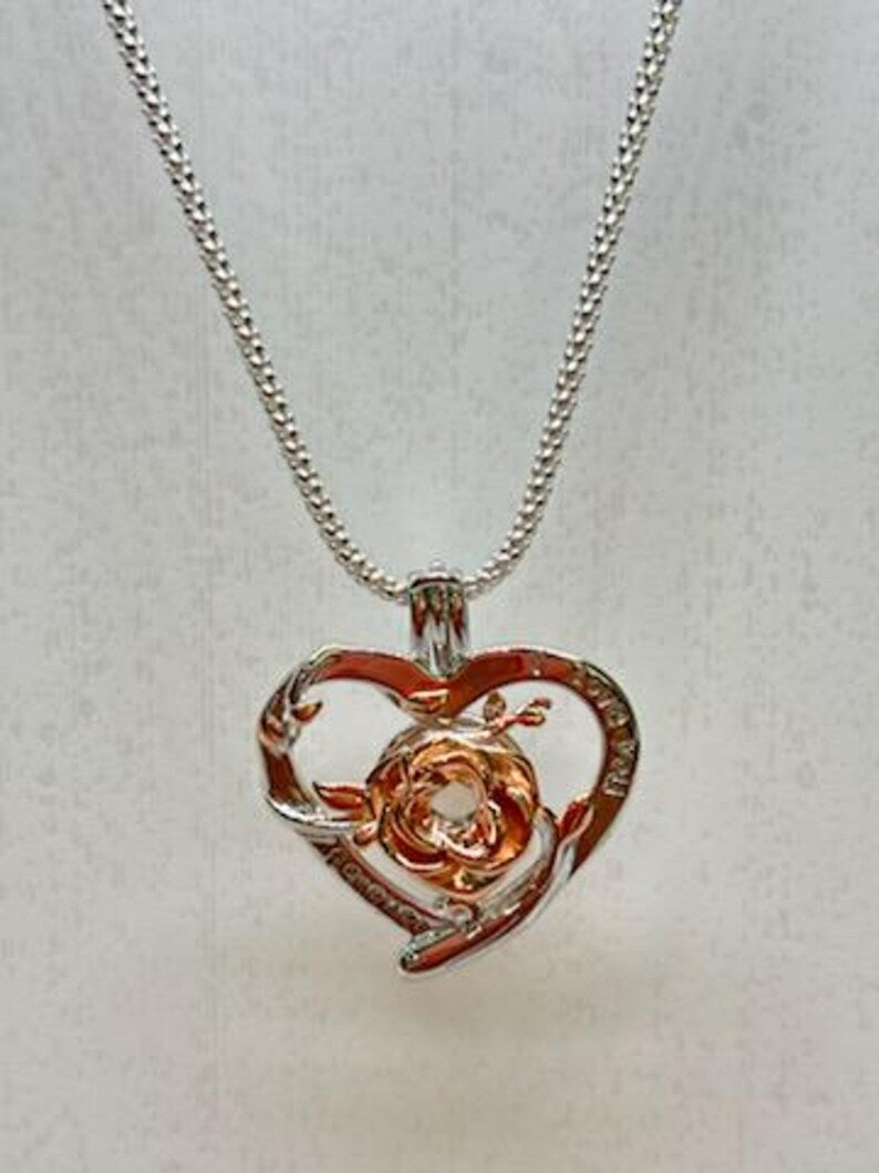 Romantic Cage Pendant Gift •'I Love You Forever' Rose Gold Rose on Sterling Silver (White Gold Plated)• Fits 6mm Gem • With Gemstone Options