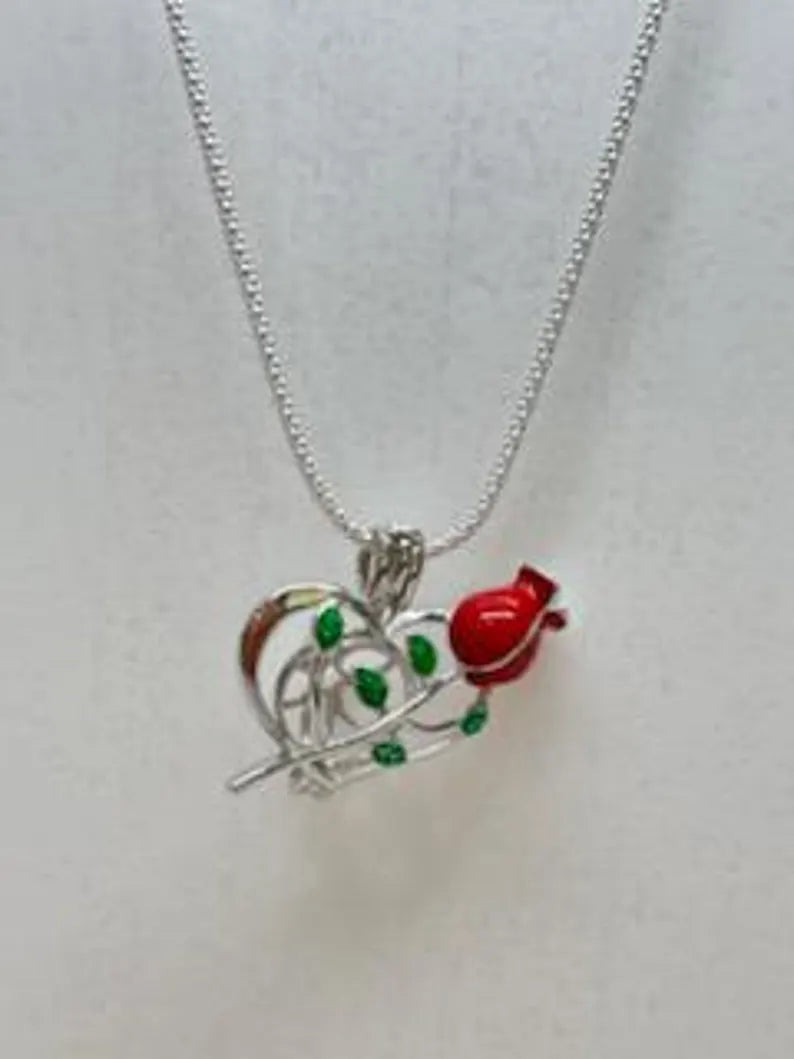 Romantic Cage Pendant Gift • Red Rose + Green Leaves Sterling Silver (White Gold Plated) • Fits 6mm Gem • with Gemstone Options