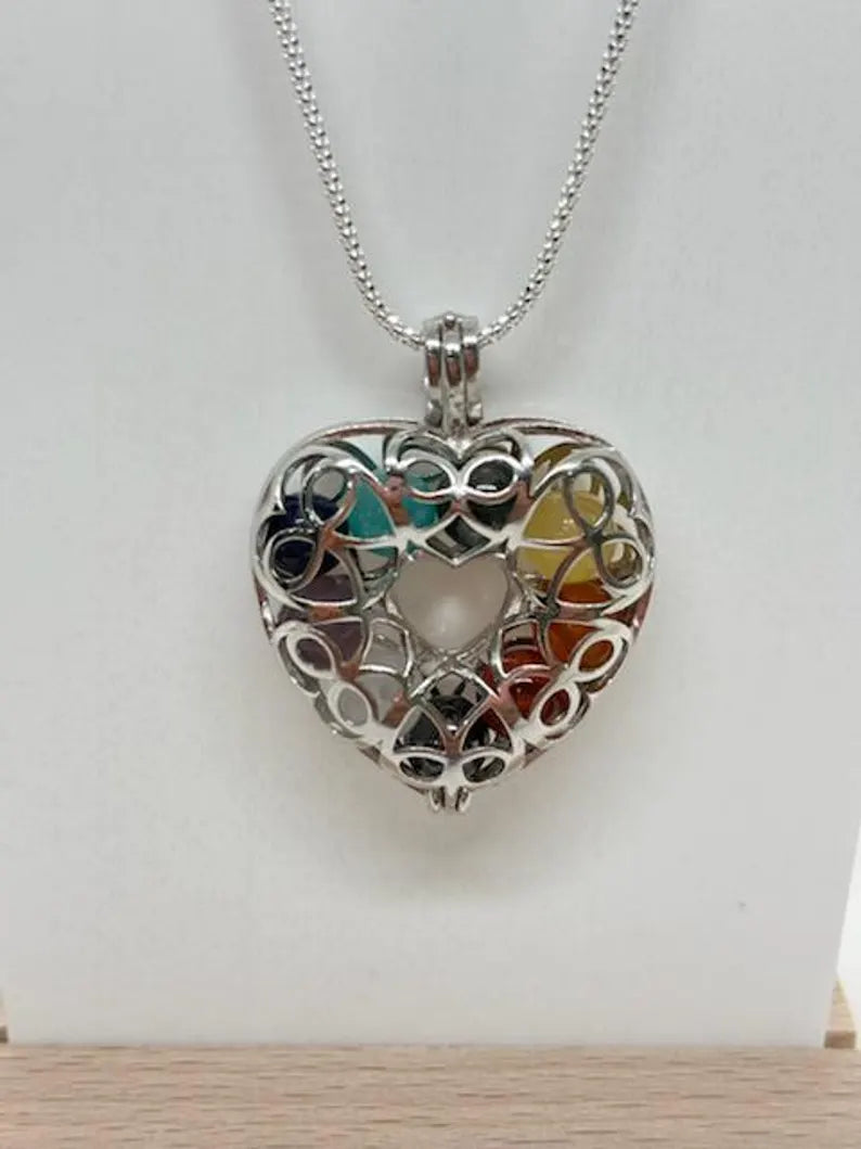 Sterling Silver Cage Pendant with Gemstone Options • Lovely Heart Design • White Gold Plated • 9 Chakra • Angelite • Dumortierite