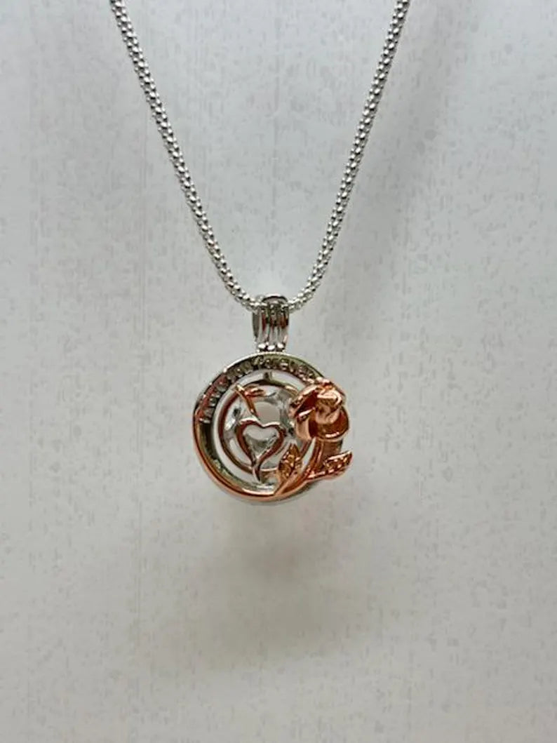 Romantic Cage Pendant Gift • 'I Love You Forever' Rose Gold Flower with Silver Heart • Fits 6mm Gem • Sterling Silver (White Gold Plated)