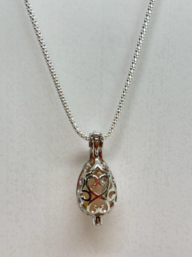 Sterling Silver Cage Pendant with Gemstone Options • Oval Egg Design • White Gold Plated • Peach Morganite • Green Fluorite • Gold Pyrite