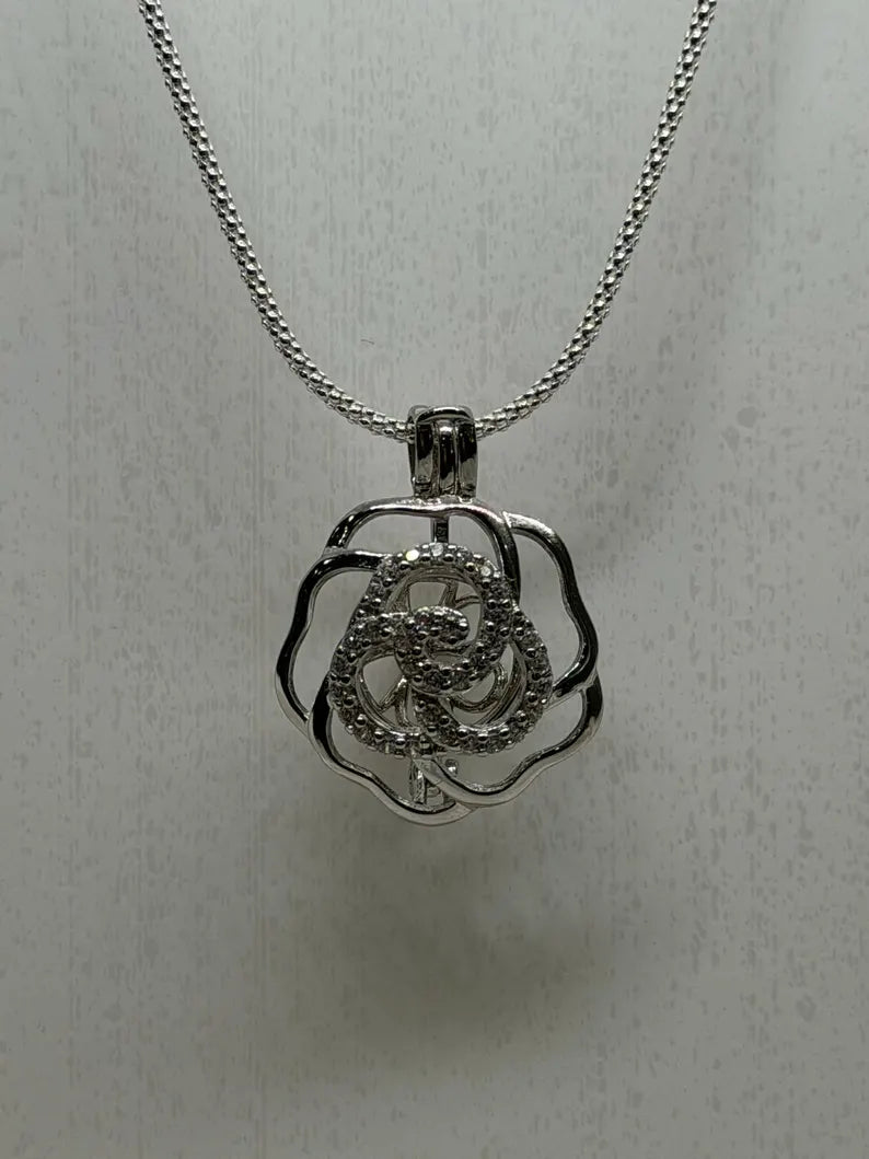 Sterling Silver Gemstone Cage Pendant • Flower CZ Swirl • Interchangeable Necklace • Fits 5mm Gem (3 pcs) • White Gold Plated