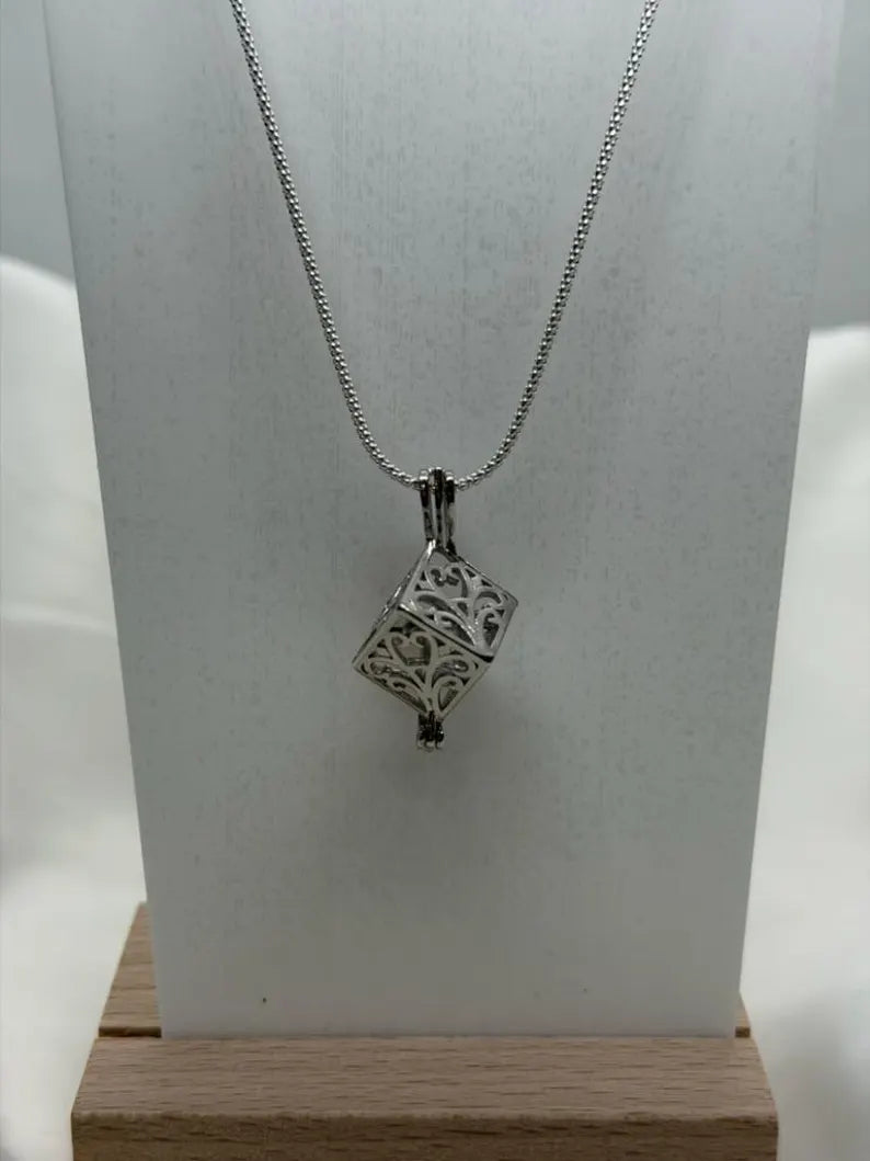 Sterling Silver Gemstone Cage Pendant • Lovely Blossom Cube • Interchangeable Necklace • Fits 8mm Gem (or 4pcs 5mm) • White Gold Plated
